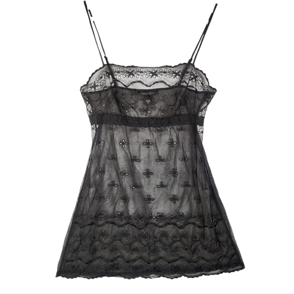 Victoria's Secret Sheer Mesh Babydoll Slip Small Black Eyelet Lace Whimsigoth‎